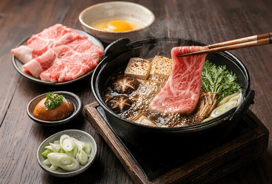 Classic Japanese Sukiyaki Hot Pot Featuring Tofu, Mushrooms and Wagyu Beef