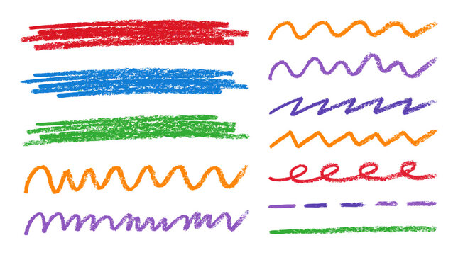 Colorful crayon scribble lines and wavy strokes set