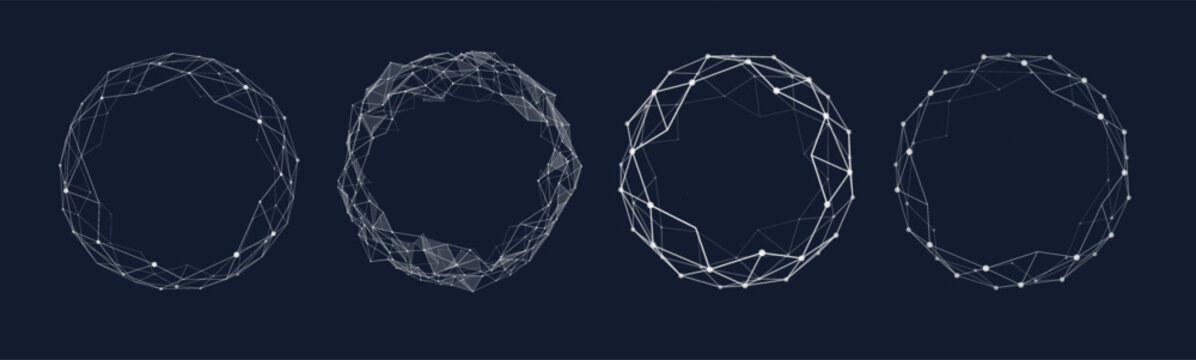 Abstract Circular Polygonal Network Frames With Dots And Connected Lines On Dark Blue Technology Background