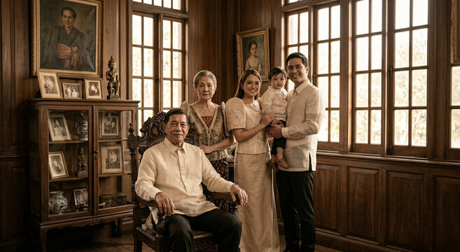 Multi-generational Filipino family portrait inside a historic ancestral home showcasing heritage, family legacy, and traditional values.