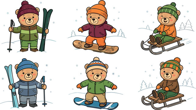 Cute Teddy Bear Winter Sports Character Set with Adorable Cartoon Bears Skiing Snowboarding and Sledding in Cold Winter Weather