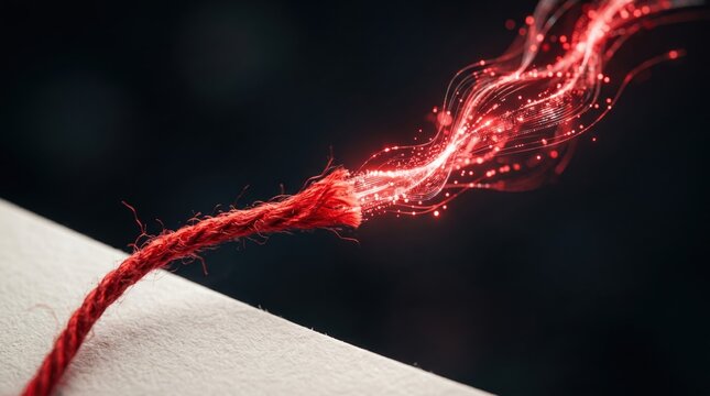 Flowing red thread with sparkles abstract concept digital art dark background close-up creativity unleashed