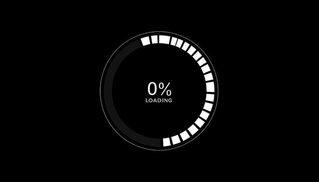 Animated circular progress bar at 0% on a black bg