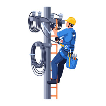 A professional technician repairs electrical lines on a tall utility pole
