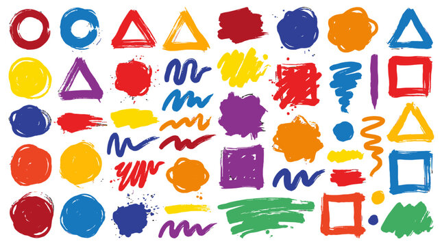 Colorful hand drawn geometric shapes and brush stroke elements