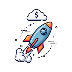 A stylized illustration of a rocket ship launching towards a currency symbol © johan