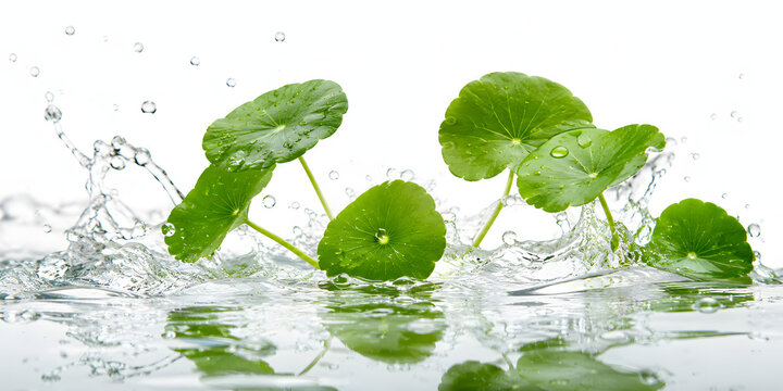 Fresh Centella Asiatica Leaves in Crystal Clear Water, Premium Botanical Skincare Ingredient Concept