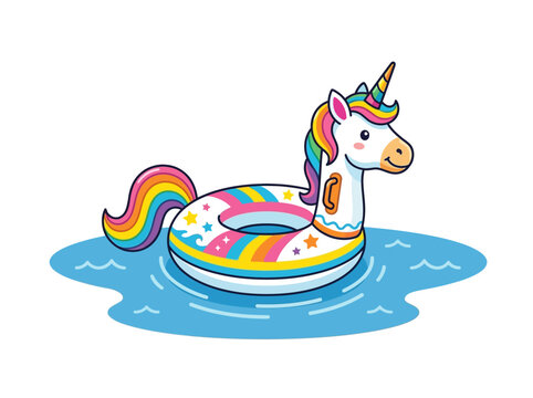 Colorful unicorn pool float drifting on calm swimming pool water, playful summer recreation accessory