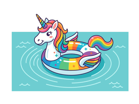 Colorful unicorn pool float drifting on calm swimming pool water, playful summer recreation accessory