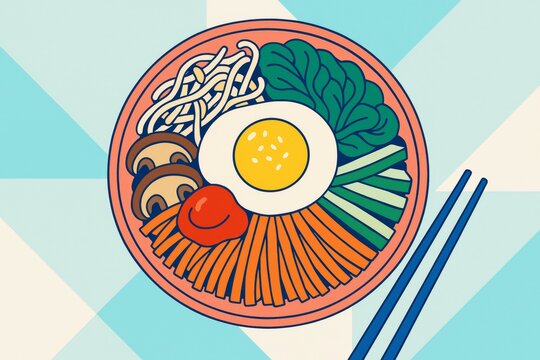 Colorful illustration of Asian noodle bowl with vegetables and egg on geometric light background, showcasing creative food presentation style. Ai generative