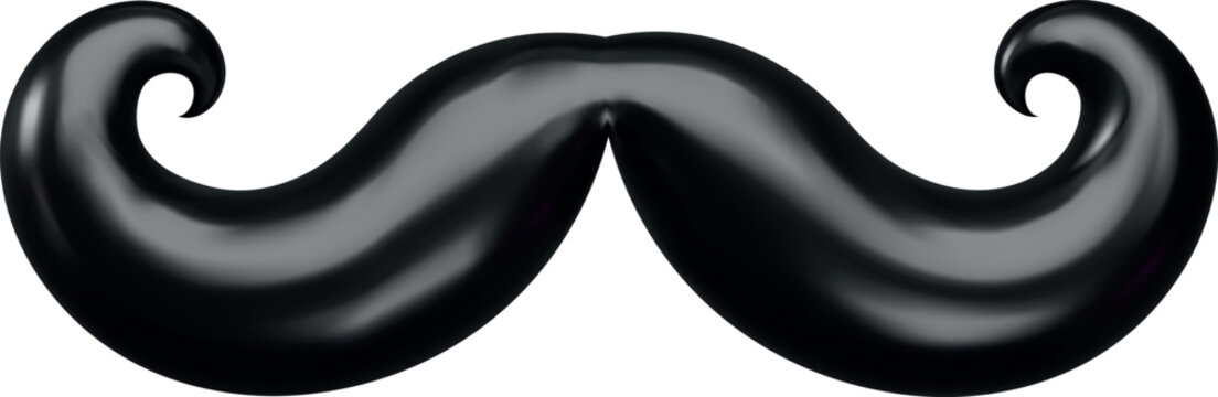 Black swirl moustache 3D cartoon plastic style vector icon, volume men facial hair, whisker gentleman carnival accessory