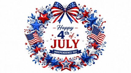 Obraz premium Patriotic 4th of July wreath with American flags, festive Independence Day floral arrangement with stars and bow, red white and blue holiday greeting