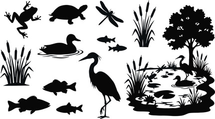 Set of solid black wetland silhouette icons featuring pond animals, duck, heron, frog, and aquatic plant vectors