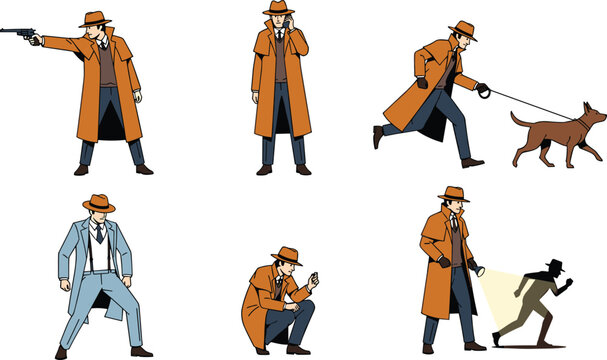 Detective Investigator Character Collection Set Featuring Crime Scene Investigation Surveillance Tracking and Mystery Solving Illustrations
