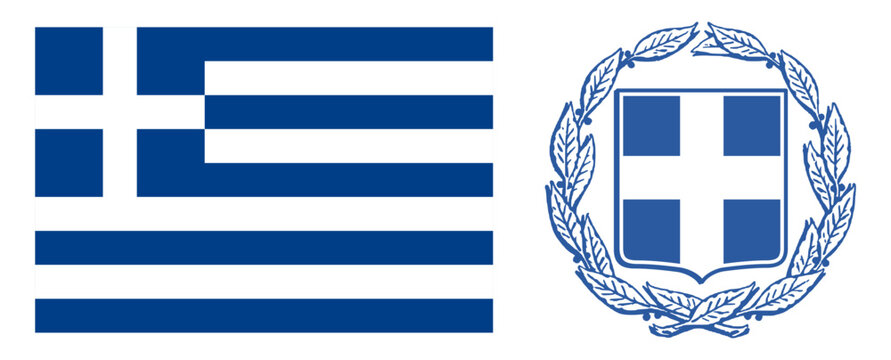 Greece national flag with stripes and coat of arms shield with cross and laurel wreath