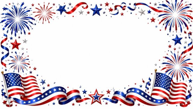 Patriotic American flag border with fireworks and stars, festive fourth of July frame on white background, USA independence day celebration background