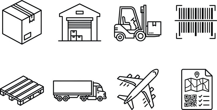Silhouette icons of warehouse and transportation services isolated on transparent background