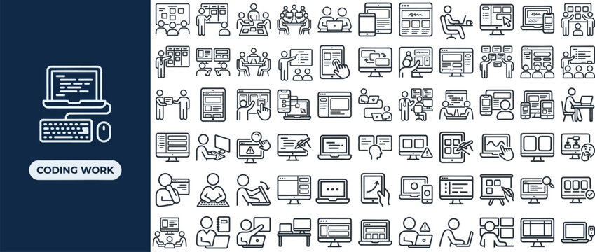 Coding and Software Developer outline icon set. Featuring laptop code, programmer, workstation, debugging, and remote work symbols. Editable stroke icons for tech blog and developer portfolio.