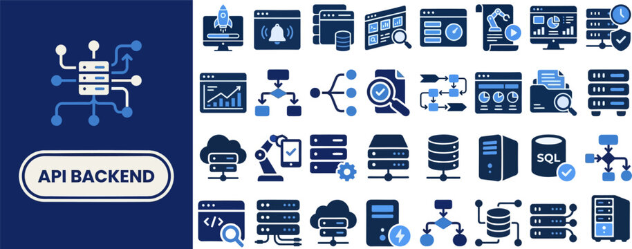 API Backend and Server Infrastructure outline icon set. Featuring database, cloud server, network node, code, and data symbols. Editable stroke icons for software development and cloud platform.