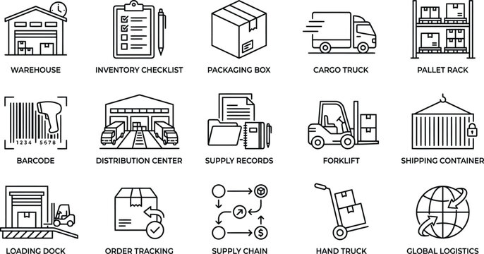 Silhouette of logistics and supply chain management icons isolated on transparent background