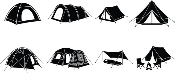 Collection of solid black camping tent silhouette icons featuring various outdoor adventure shelters and hiking gear vector illustrations. © MdBabul