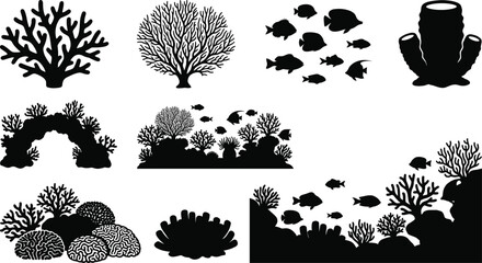 WebCollection of solid black coral reef silhouettes featuring tropical fish, sea sponges, and high contrast underwater marine landscapes © MdBabul