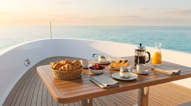Pastries, fruit, coffee, and juice served on a yacht table above calm blue water, presenting premium hospitality, morning leisure, and luxury travel