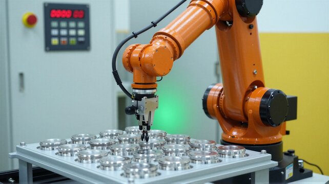 Orange industrial robotic arm assembling metal bearings on inspection tray in factory