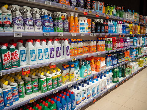Shelves with household cleaning products and detergents in a supermarket in Spain