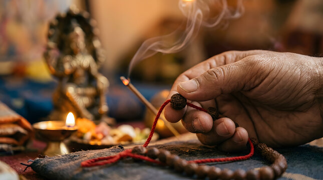 Nirjala ekadashi lord vishnu devotee praying with beads and incense