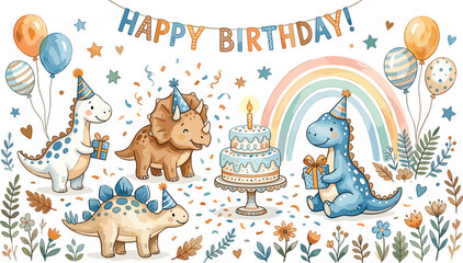 Cute Dinosaur Birthday Party Vector Illustration Set with Cartoon Characters Cake Balloons Rainbow and Happy Birthday Banner for Kids Invitation Designs © Ismail
