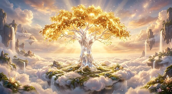 Golden magical tree of life on a floating island above the clouds in a fantasy landscape