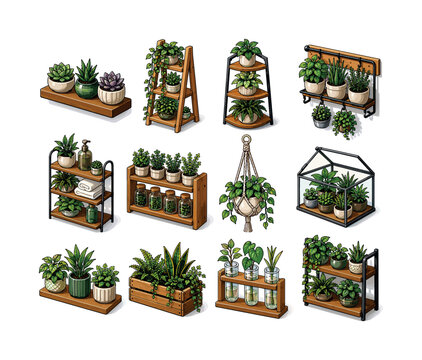Indoor Plant Shelves. Colorful isometric vector icons set of Indoor Plant Shelves: floating shelf with succulents, ladder shelf with vines, corner plant stand, wall-mounted herb rack, tiered bathroom