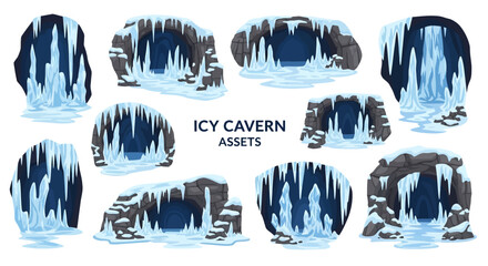 A collection of cartoon illustrations showing various icy cavern entrances rock formations and hanging icicles © Faisal