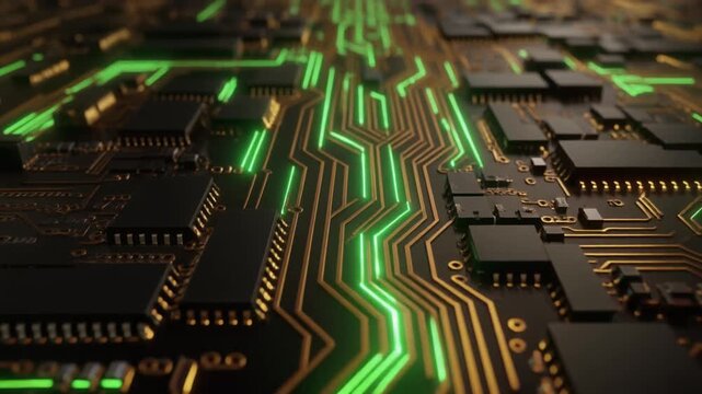 Circuit board with glowing green energy pulses. Futuristic motherboard with gold traces and black microchips. Digital data flow in computer hardware.
