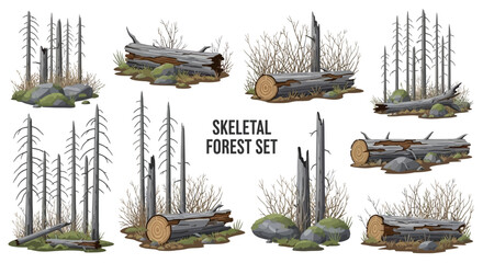 A collection of eight isolated digital illustrations featuring skeletal dead trees fallen logs dry brush and mossy stones © Faisal