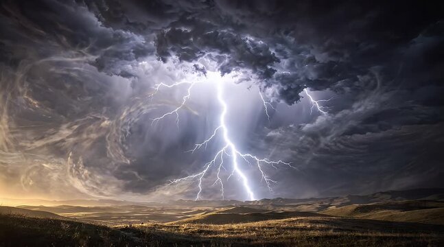Dramatic thunderstorm with lightning over a stormy sky and landscape