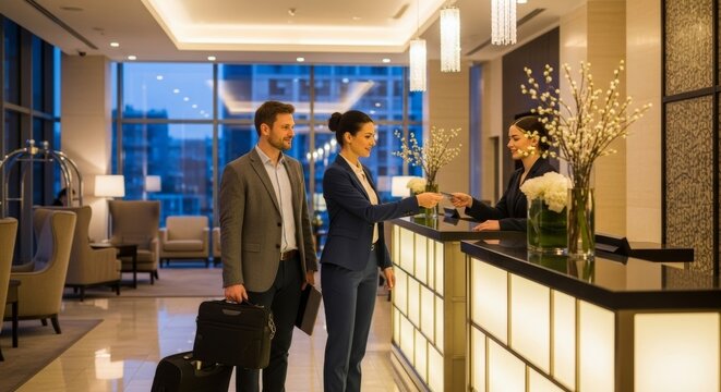Professional couple checking in at hotel reception counter
