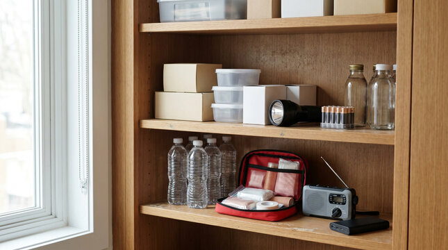 Emergency preparedness supplies storage room with water blankets batteries and radio