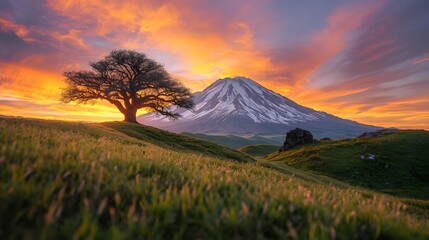 Obraz premium Breathtaking scenic landscape featuring a solitary majestic tree on a grassy hill overlooking a snow capped mountain peak under a vibrant golden sunset sky, perfect for nature travel background