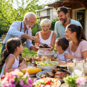 A joyful family gathering around a table filled with delicious food during a summer barbecue. Outdoor dining and celebration.