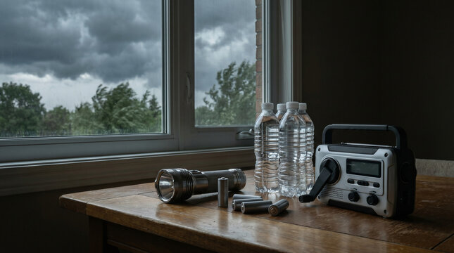 Emergency weather radio water flashlight preparedness supplies during storm disaster readiness