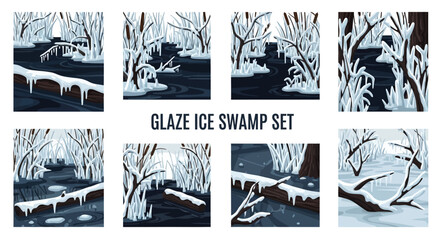 A set of eight square illustrations showing frozen swamp landscapes with icecovered trees cattails logs and dark water © Faisal