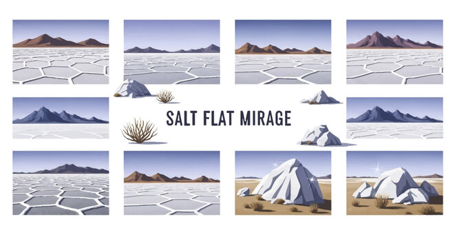 A grid of twelve illustrations depicting arid landscapes with hexagonal salt patterns distant mountains and scattered rocks