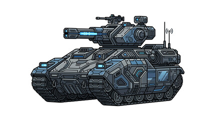 Futuristic tank with blue accents and a large cannon on a white background, showcasing a sci-fi design with detailed texture and mechanical features. © ahmad
