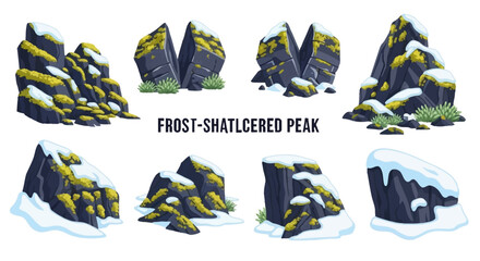 An assortment of eight jagged dark rock formations topped with snow and patches of green moss on a white background © Faisal