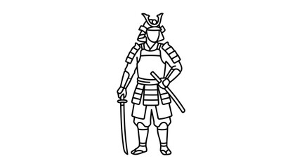 A samurai warrior stands confidently with a sword in hand and another at his side, wearing traditional armor and a helmet with a crest, against a clean white background. © ahmad