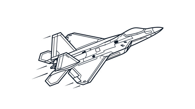 Line drawing of a fighter jet flying with motion lines on a white background.