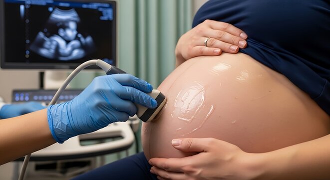 Pregnant woman undergoing ultrasound scan, medical examination, baby monitoring.