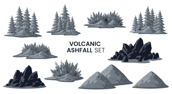 An illustration set of volcanic ashfall elements including pine trees piles of gray dust and clusters of black jagged rocks